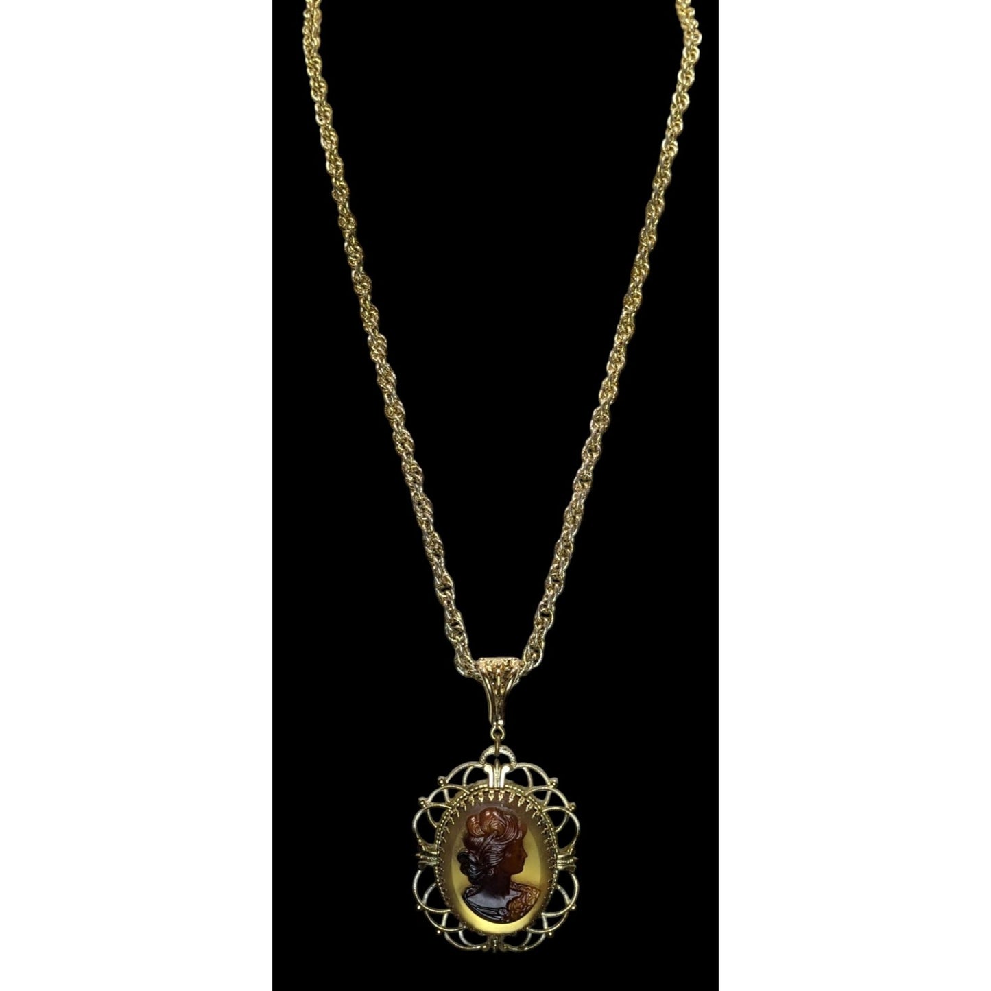 Vintage Whiting & Davis Cameo Necklace Gold Tone Victorian Revival Filigree Pendant