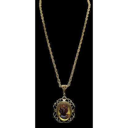 Vintage Whiting & Davis Cameo Necklace Gold Tone Victorian Revival Filigree Pendant