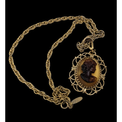Vintage Whiting & Davis Cameo Necklace Gold Tone Victorian Revival Filigree Pendant