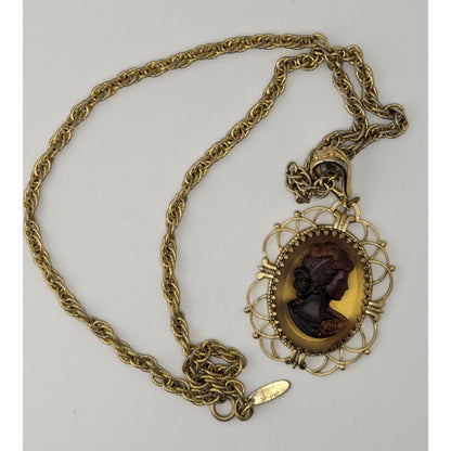 Vintage Whiting & Davis Cameo Necklace Gold Tone Victorian Revival Filigree Pendant