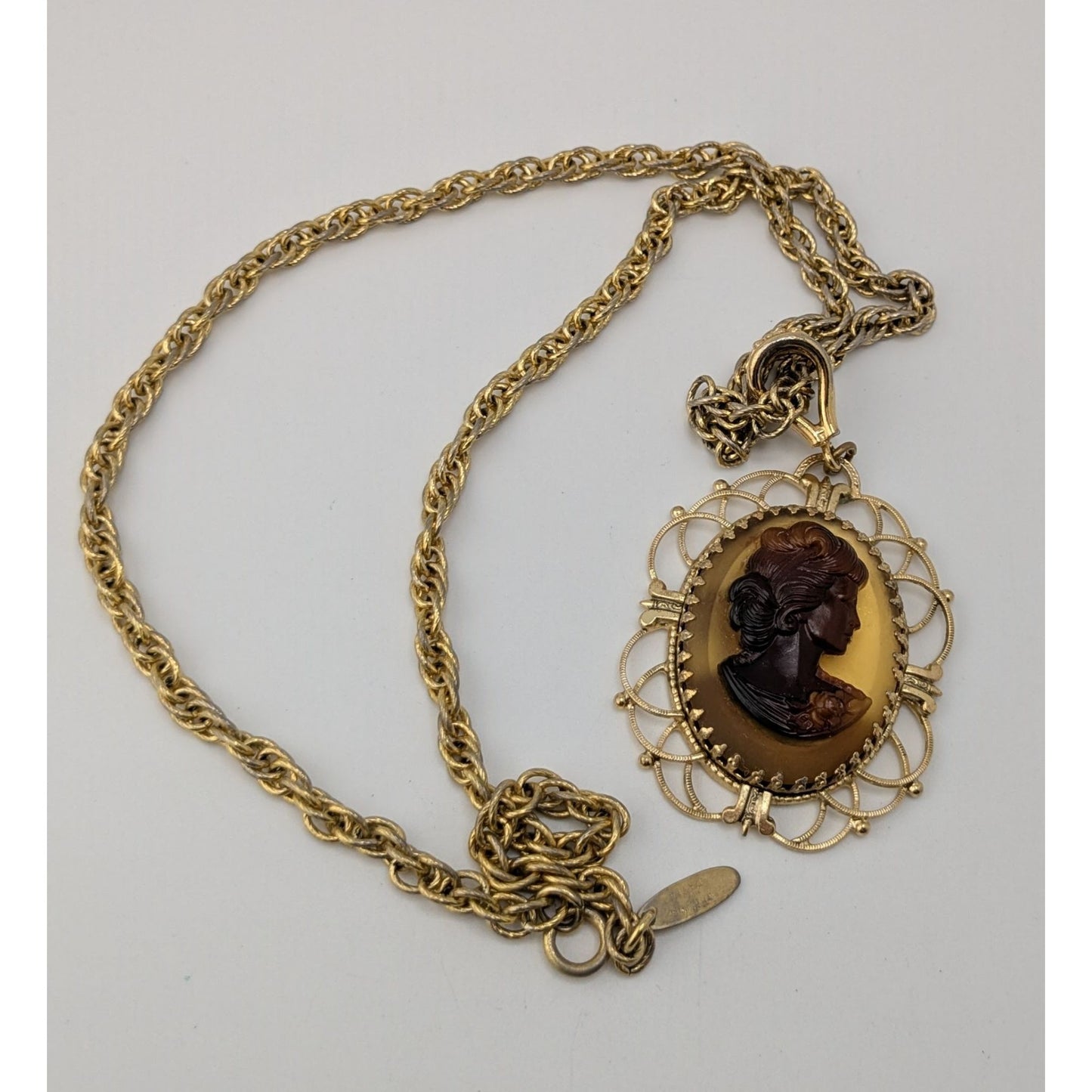 Vintage Whiting & Davis Cameo Necklace Gold Tone Victorian Revival Filigree Pendant