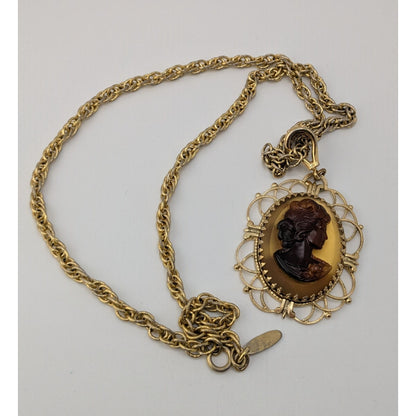 Vintage Whiting & Davis Cameo Necklace Gold Tone Victorian Revival Filigree Pendant