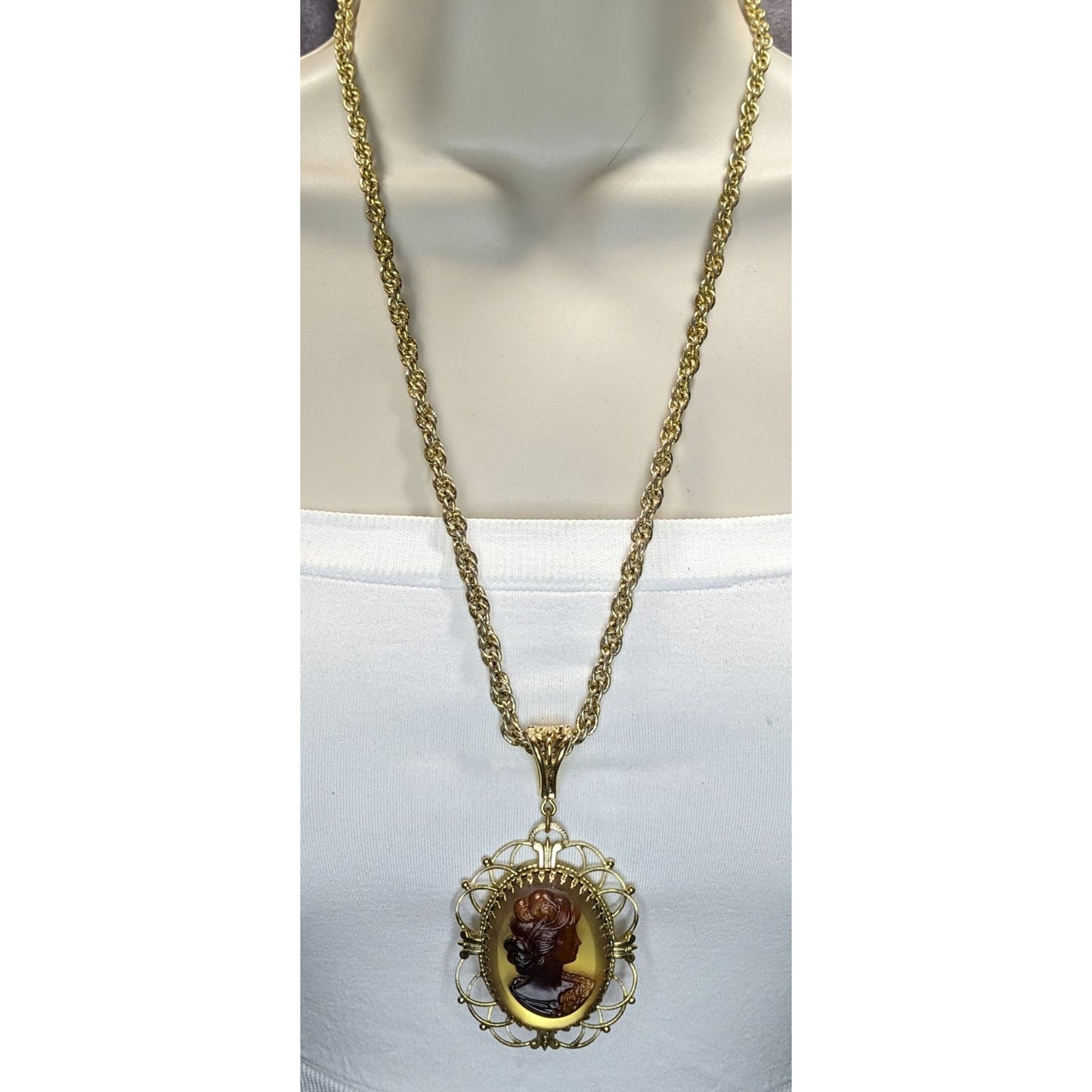 Vintage Whiting & Davis Cameo Necklace Gold Tone Victorian Revival Filigree Pendant