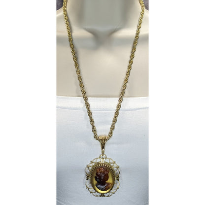 Vintage Whiting & Davis Cameo Necklace Gold Tone Victorian Revival Filigree Pendant