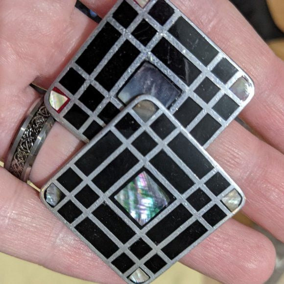 Vintage Black Square Mod Earrings With Mother Of Pearl Accents