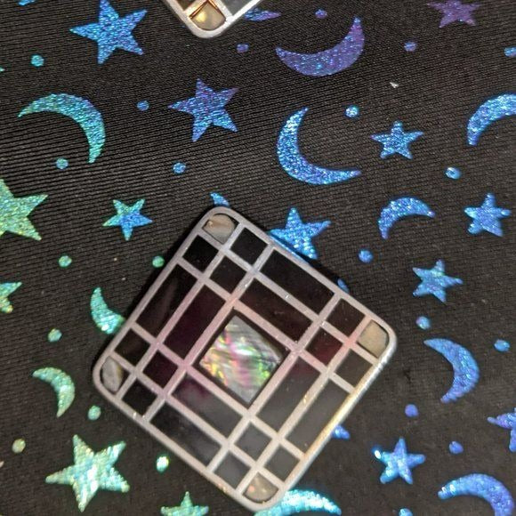 Vintage Black Square Mod Earrings With Mother Of Pearl Accents