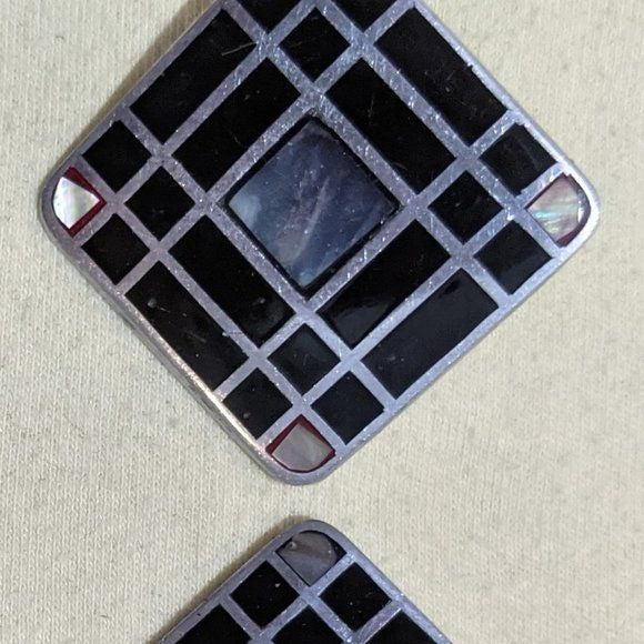 Vintage Black Square Mod Earrings With Mother Of Pearl Accents