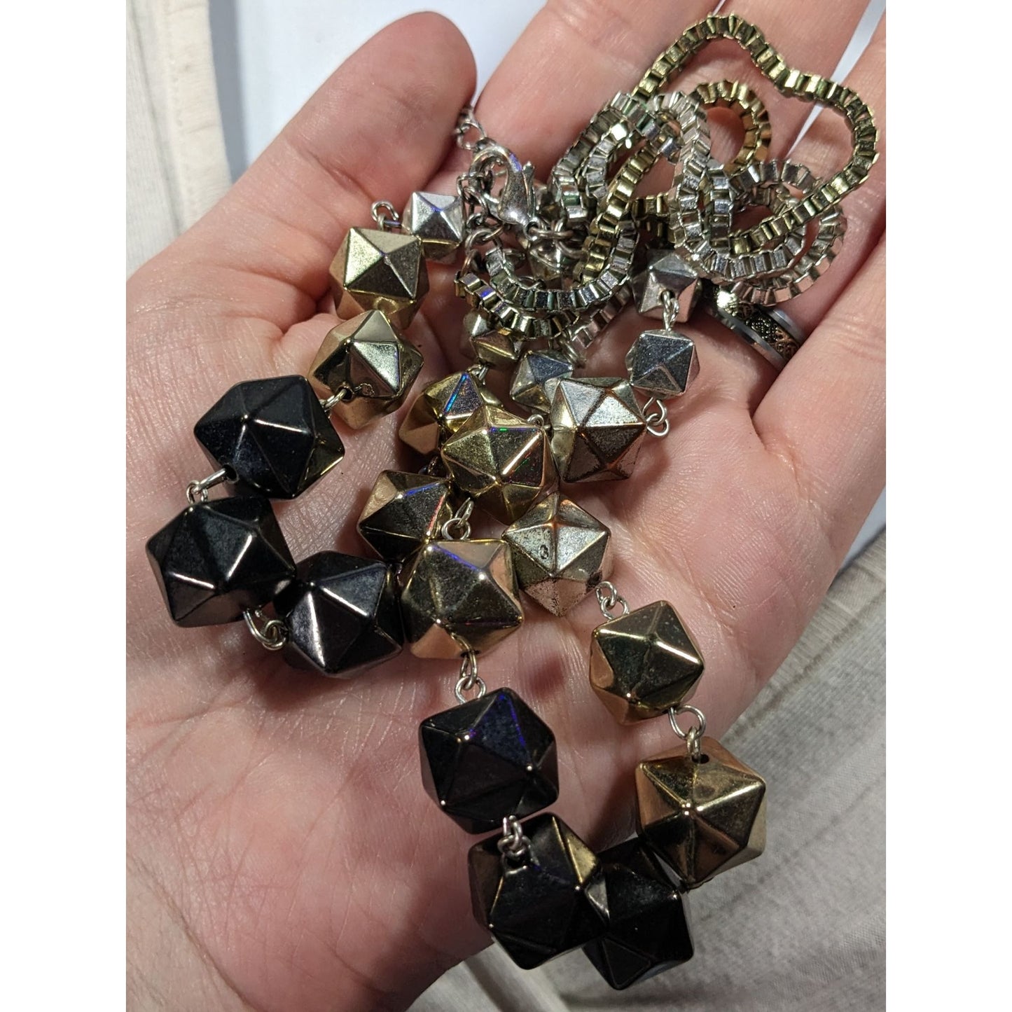 Chunky Geometric Multi Metallic Beaded Box Chain Multilayer Necklace