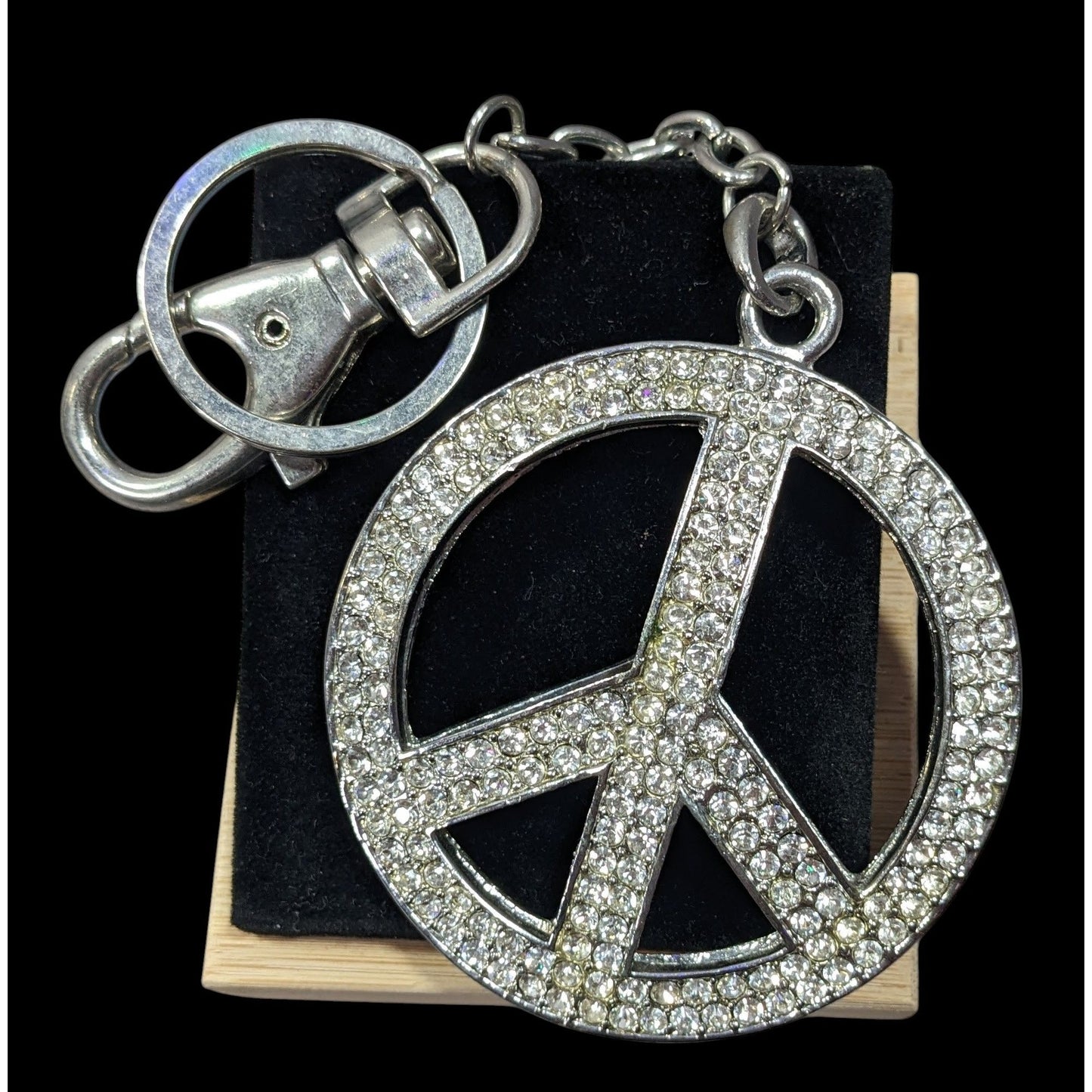 Hippie Glam Rhinestone Peace Sign Large Heavy Silver Tone Puffed Keychain