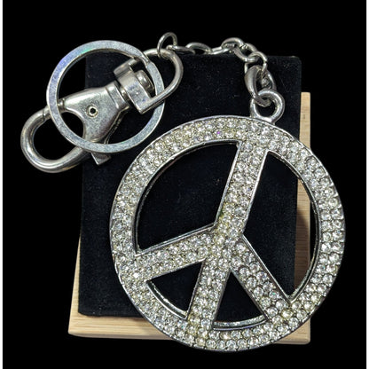 Hippie Glam Rhinestone Peace Sign Large Heavy Silver Tone Puffed Keychain