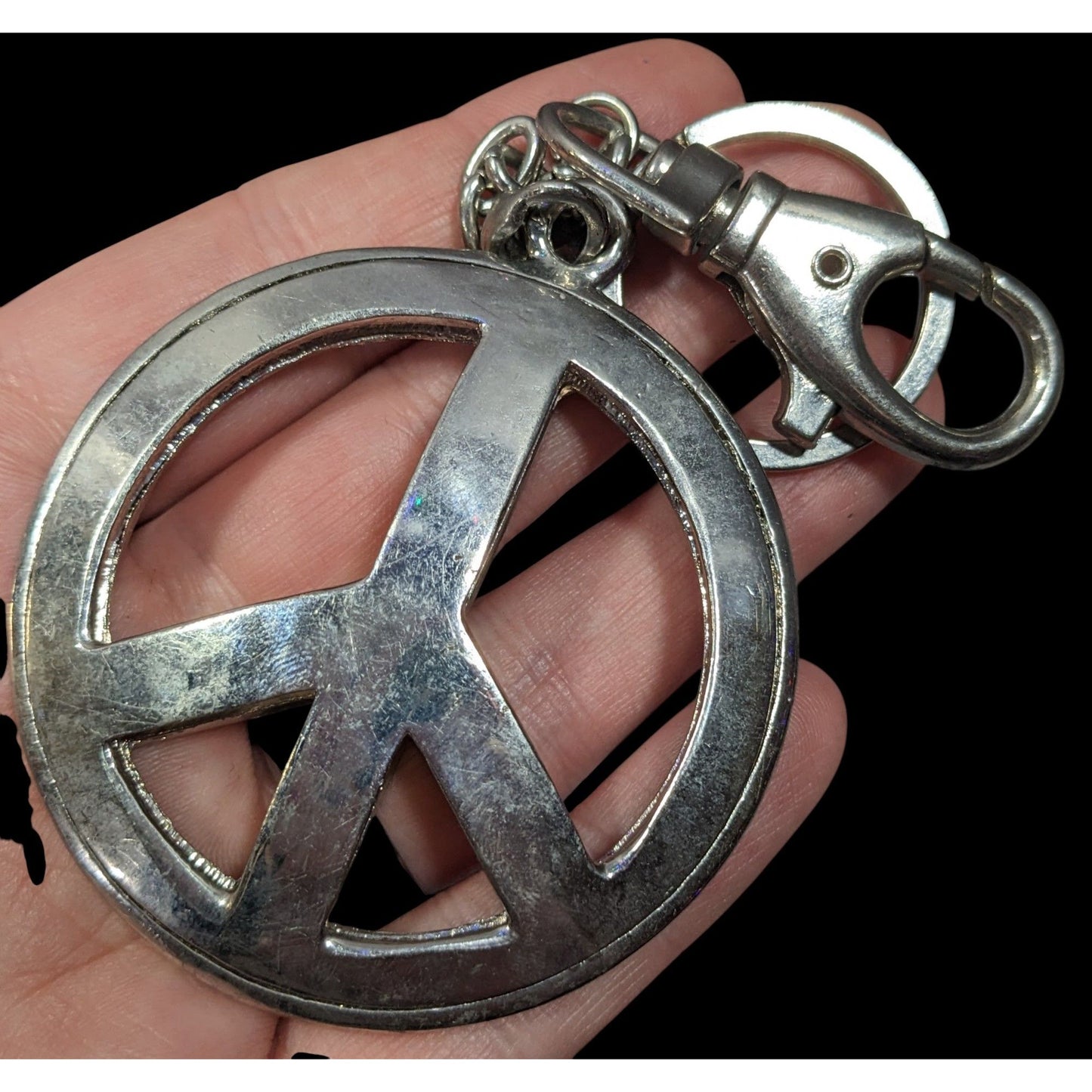 Hippie Glam Rhinestone Peace Sign Large Heavy Silver Tone Puffed Keychain