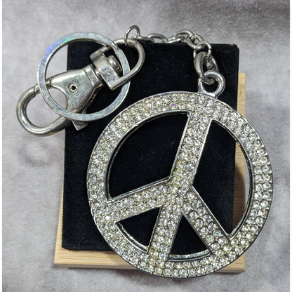 Hippie Glam Rhinestone Peace Sign Large Heavy Silver Tone Puffed Keychain