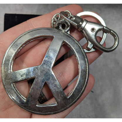 Hippie Glam Rhinestone Peace Sign Large Heavy Silver Tone Puffed Keychain