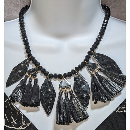 Mixed Media Fringe Statement Pendant Necklace Black Gothic Artsy Abstract Avant Garde