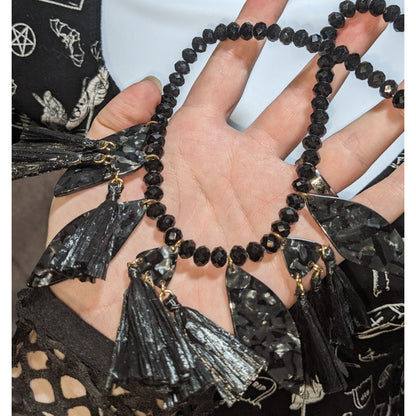 Mixed Media Fringe Statement Pendant Necklace Black Gothic Artsy Abstract Avant Garde