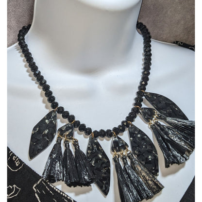 Mixed Media Fringe Statement Pendant Necklace Black Gothic Artsy Abstract Avant Garde