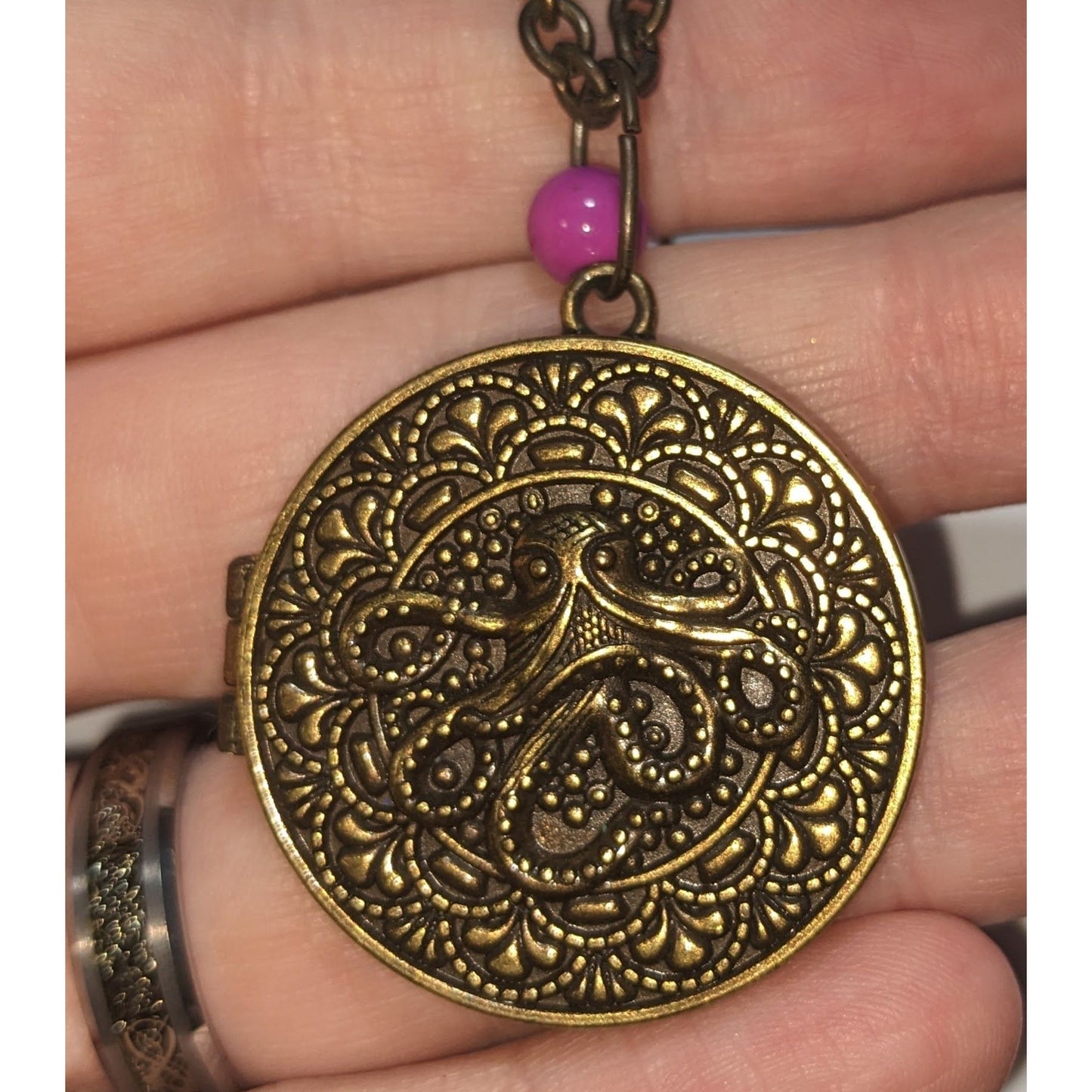 Steampunk Octopus Locket Necklace Gold Nautical Embossed Pendant