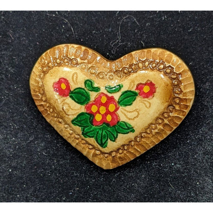 Vintage Rustic Wood-Look Floral Heart Brooch