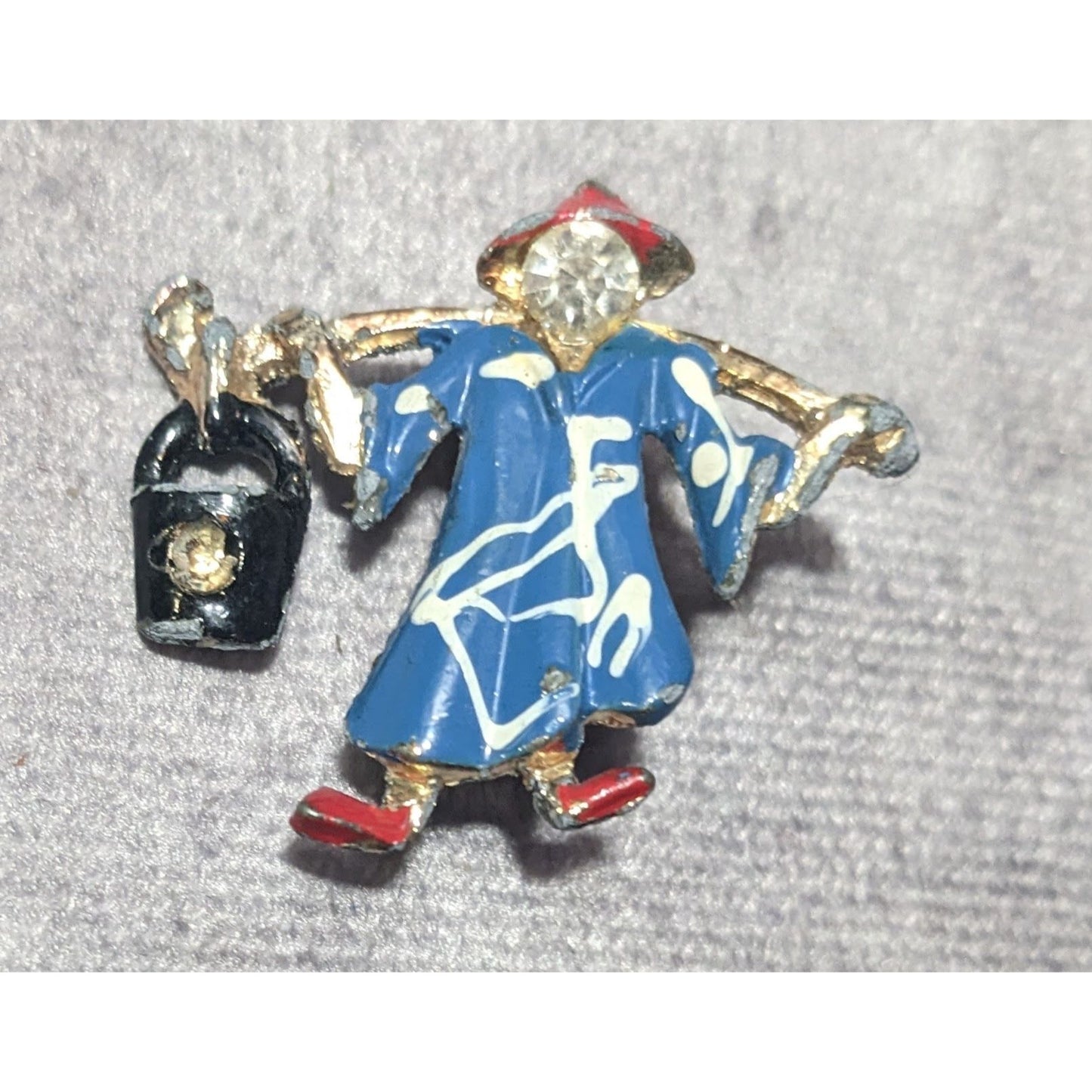 Vintage Blue And Gold Tone Figural Water Carrying Person Brooch