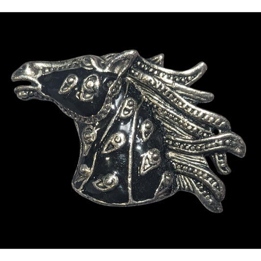 Vintage Horse Head Black And Silver Tone Brooch/Pendant