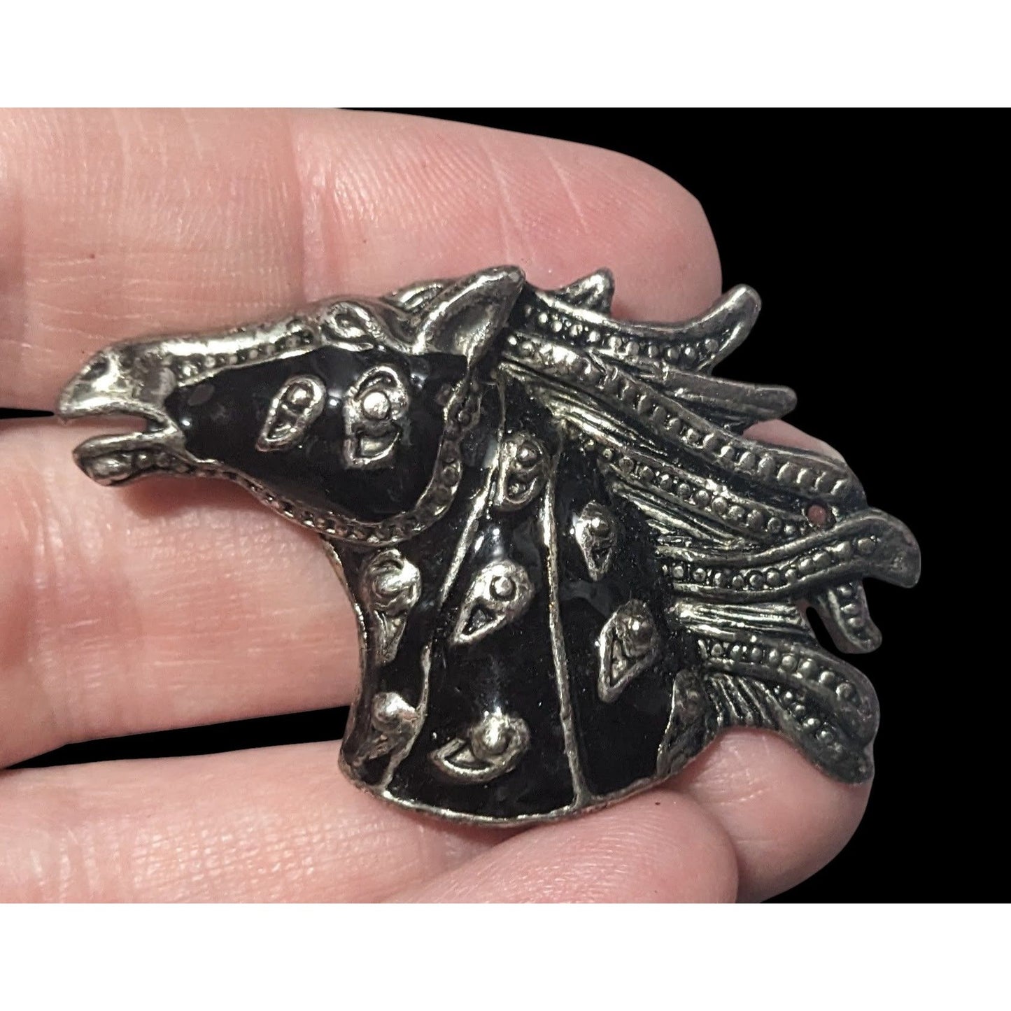 Vintage Horse Head Black And Silver Tone Brooch/Pendant