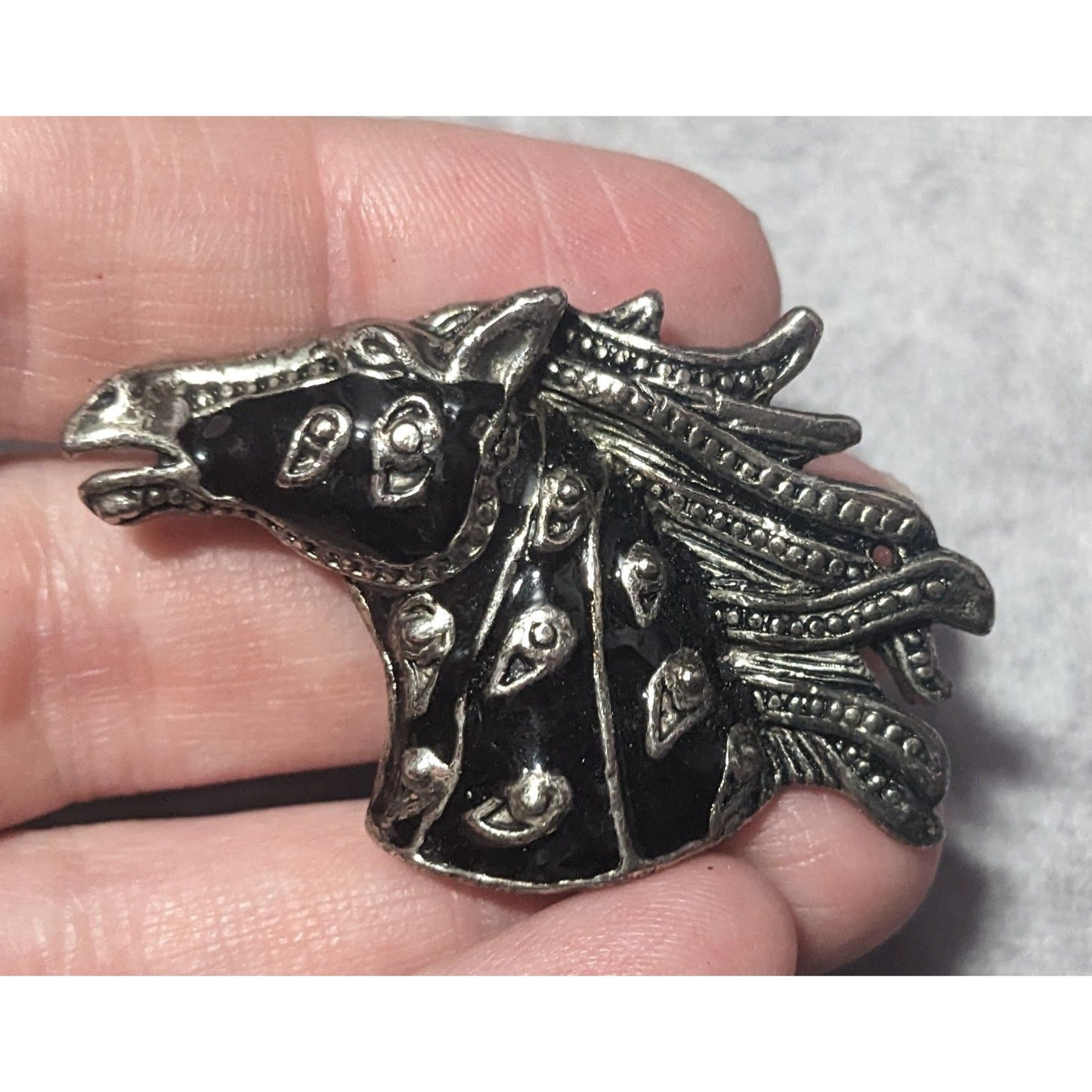 Vintage Horse Head Black And Silver Tone Brooch/Pendant