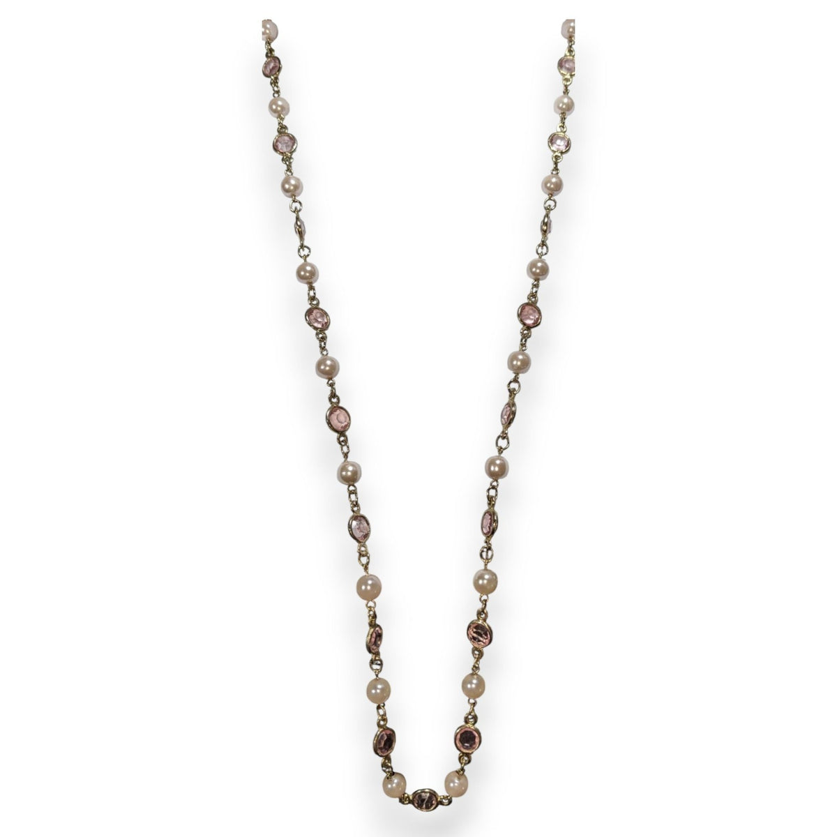 Romantic Gold Tone Pink Acrylic Gem Faux Pearl Necklace 30 Inch