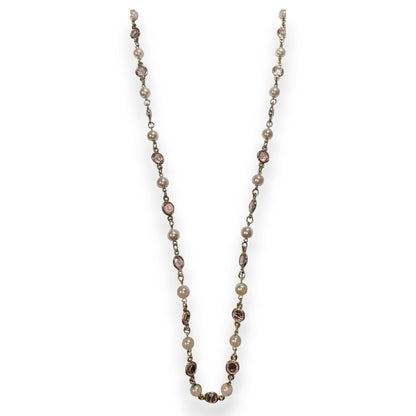 Romantic Gold Tone Pink Acrylic Gem Faux Pearl Necklace 30 Inch