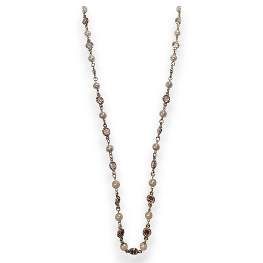 Romantic Gold Tone Pink Acrylic Gem Faux Pearl Necklace 30 Inch