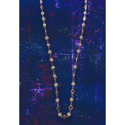 Romantic Gold Tone Pink Acrylic Gem Faux Pearl Necklace 30 Inch