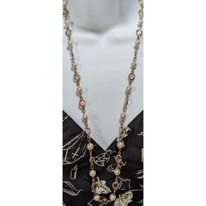 Romantic Gold Tone Pink Acrylic Gem Faux Pearl Necklace 30 Inch