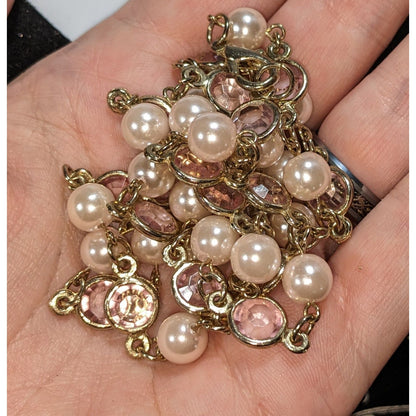 Romantic Gold Tone Pink Acrylic Gem Faux Pearl Necklace 30 Inch