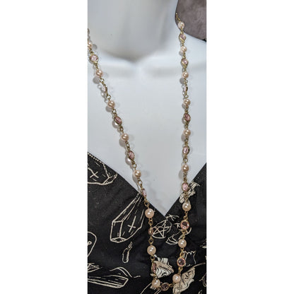 Romantic Gold Tone Pink Acrylic Gem Faux Pearl Necklace 30 Inch