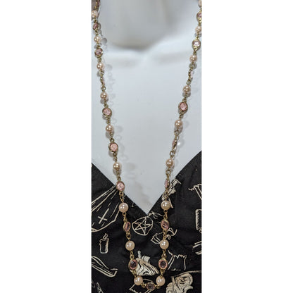 Romantic Gold Tone Pink Acrylic Gem Faux Pearl Necklace 30 Inch