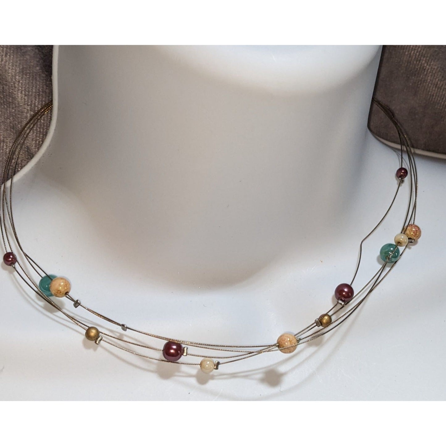 Layered Multistrand Beaded Necklace Earth Tone Minimalist Boho Floating Beads