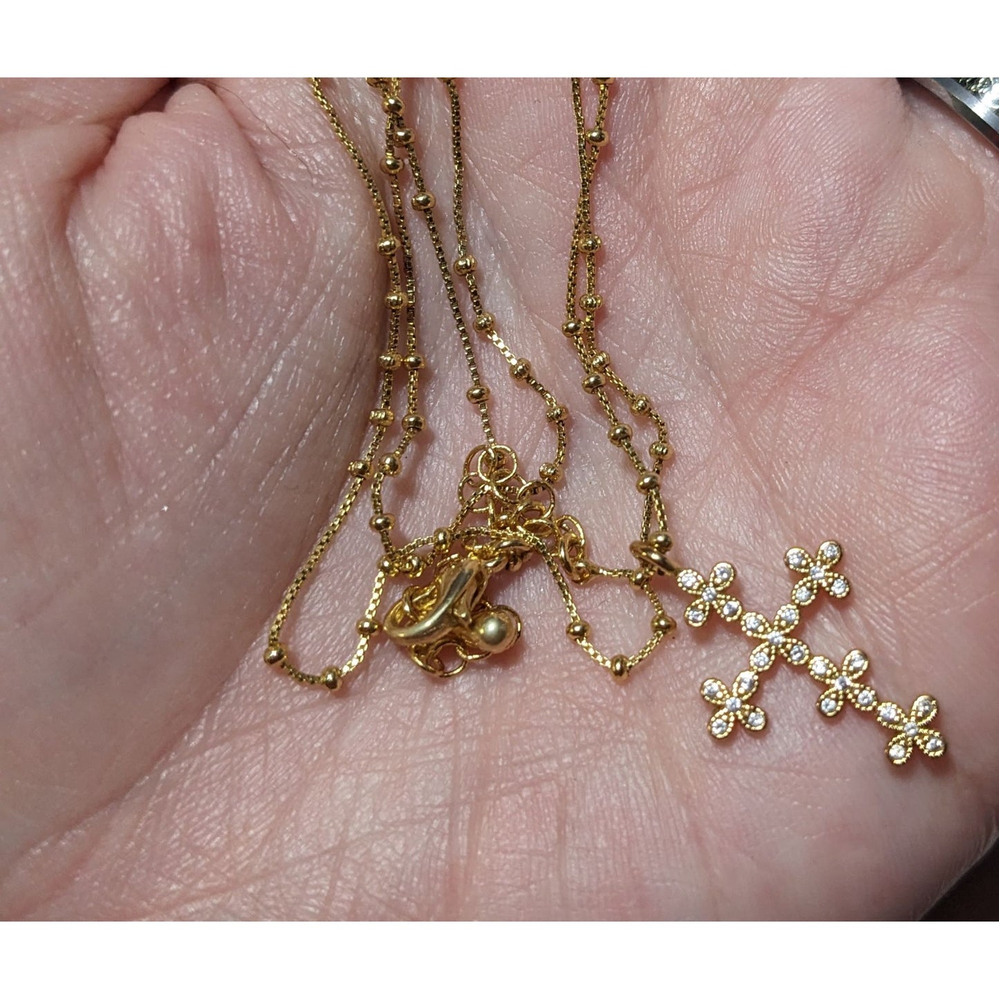 Dainty Minimalist Gold Tone Gemmed Cross Necklace