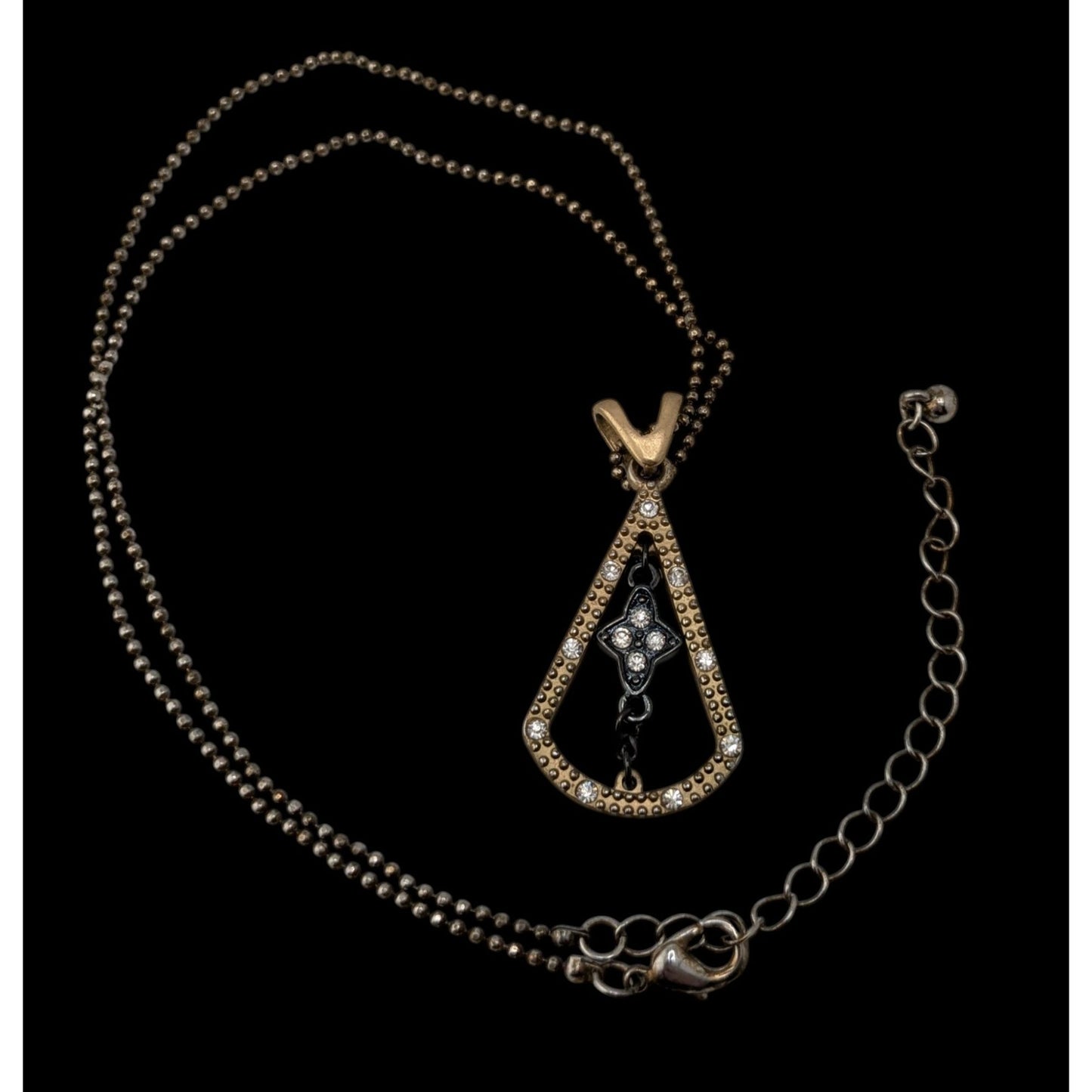 Art Deco Black Gold Pendant Necklace Triangle Teardrop Flower Rhinestone Statement