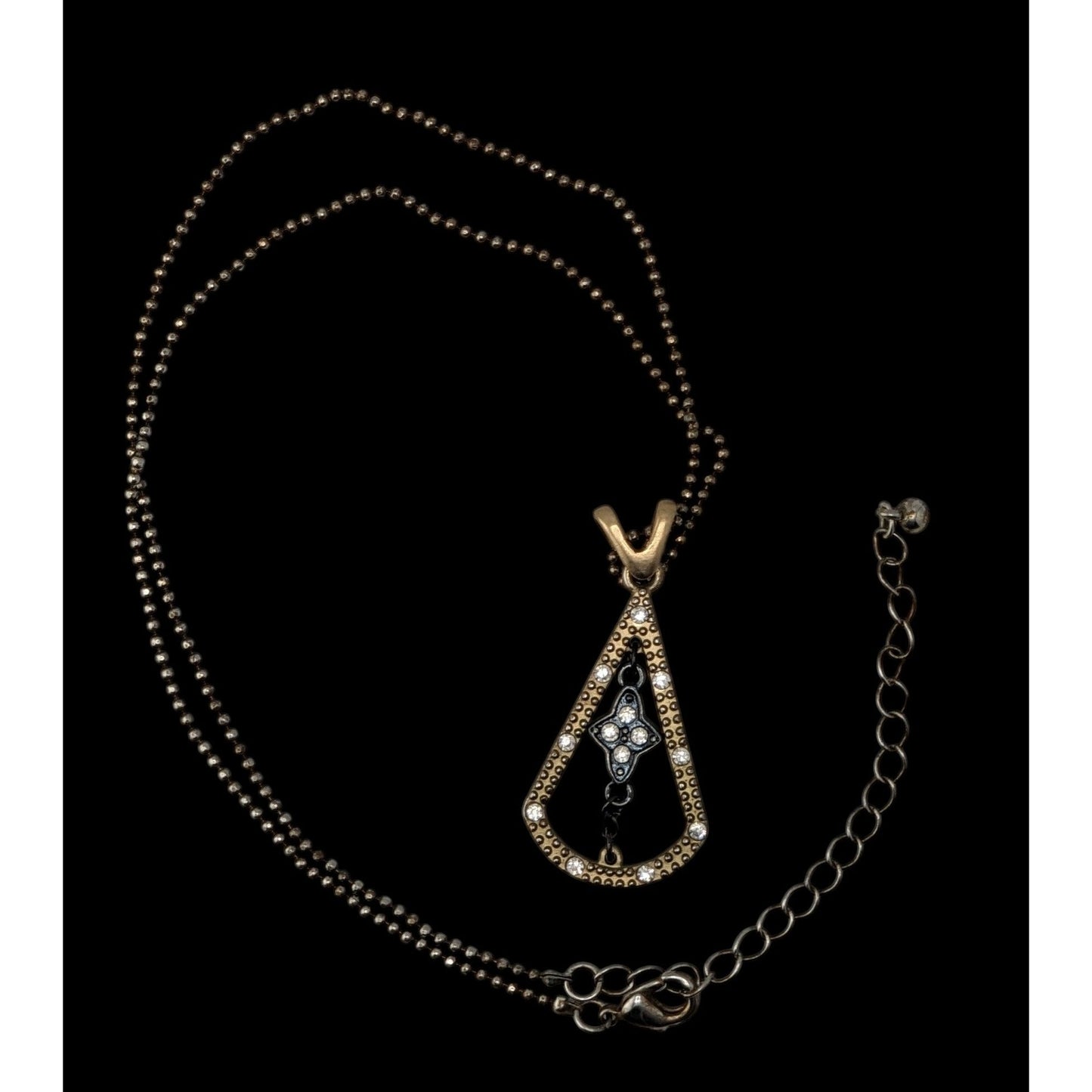 Art Deco Black Gold Pendant Necklace Triangle Teardrop Flower Rhinestone Statement