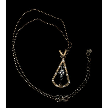 Art Deco Black Gold Pendant Necklace Triangle Teardrop Flower Rhinestone Statement