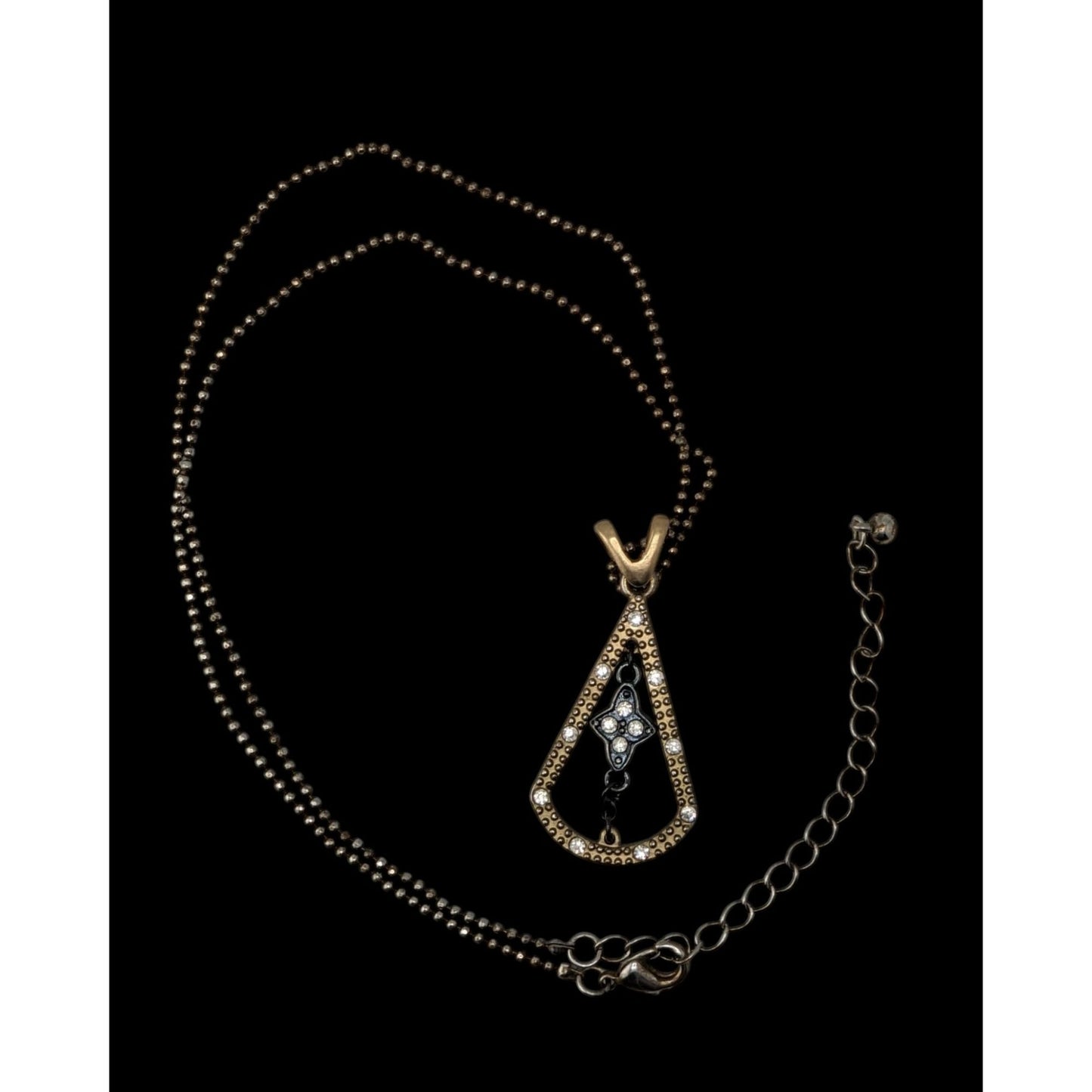 Art Deco Black Gold Pendant Necklace Triangle Teardrop Flower Rhinestone Statement