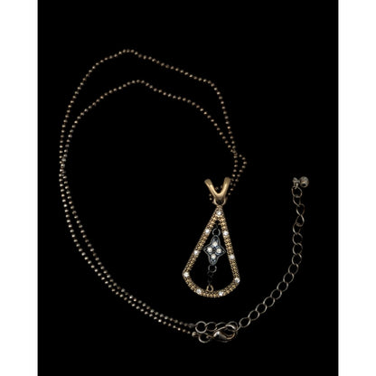 Art Deco Black Gold Pendant Necklace Triangle Teardrop Flower Rhinestone Statement