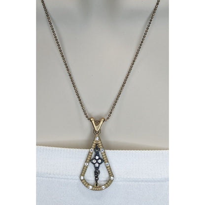 Art Deco Black Gold Pendant Necklace Triangle Teardrop Flower Rhinestone Statement