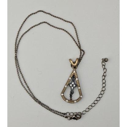 Art Deco Black Gold Pendant Necklace Triangle Teardrop Flower Rhinestone Statement