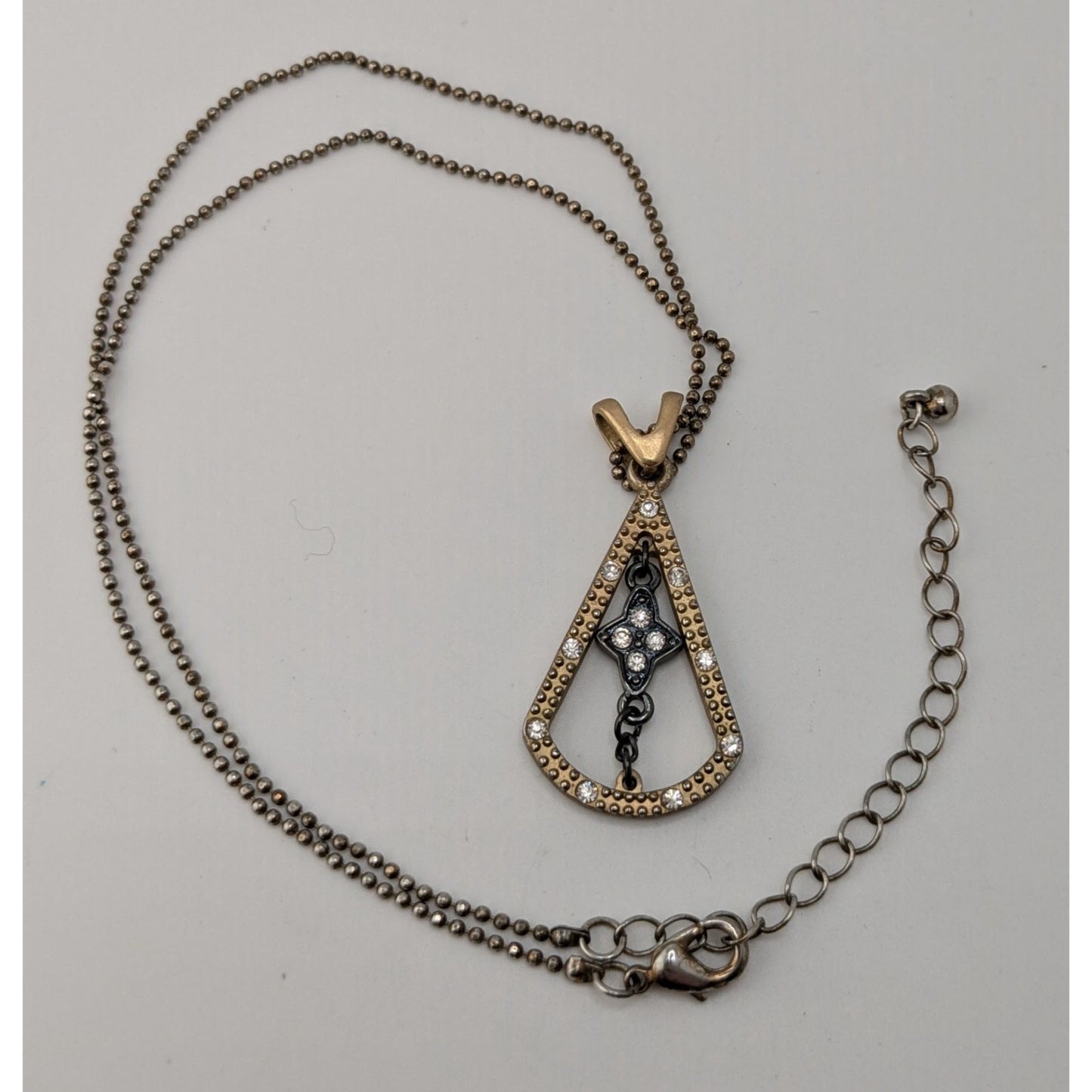 Art Deco Black Gold Pendant Necklace Triangle Teardrop Flower Rhinestone Statement