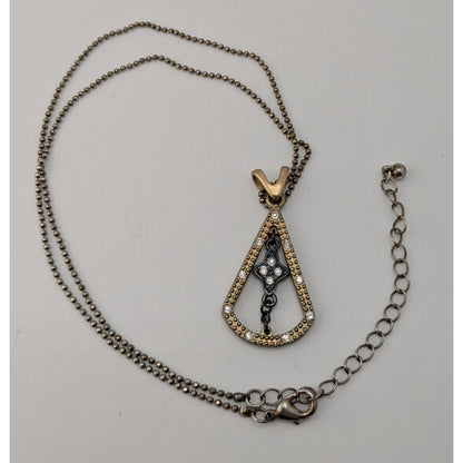 Art Deco Black Gold Pendant Necklace Triangle Teardrop Flower Rhinestone Statement