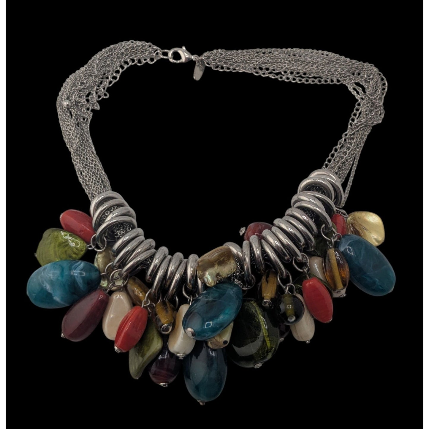 Boho NY & Co Chunky Multicolor Beaded Fringe Statement Necklace Silver Tone Layered Chain