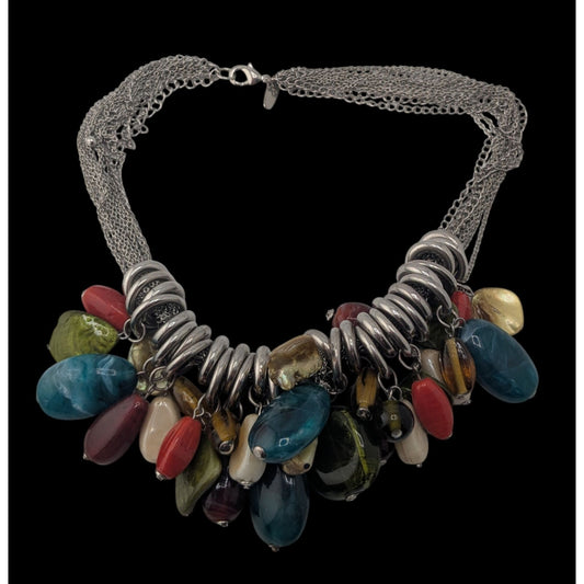 Boho NY & Co Chunky Multicolor Beaded Fringe Statement Necklace Silver Tone Layered Chain