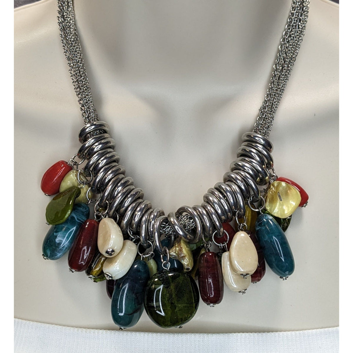 Boho NY & Co Chunky Multicolor Beaded Fringe Statement Necklace Silver Tone Layered Chain