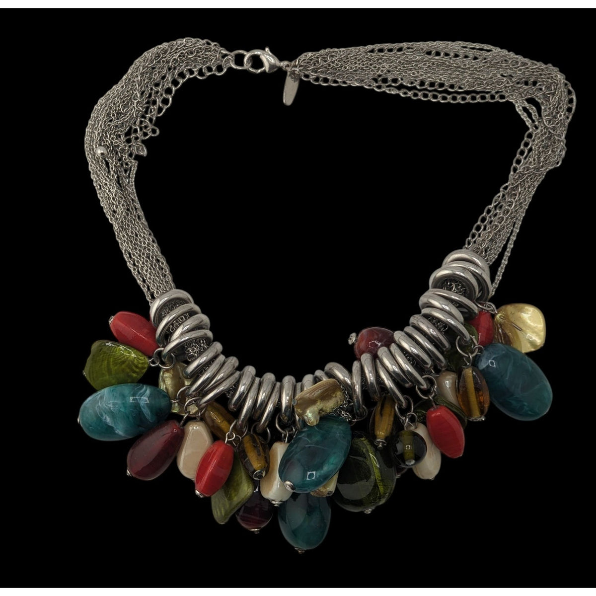 Boho NY & Co Chunky Multicolor Beaded Fringe Statement Necklace Silver Tone Layered Chain