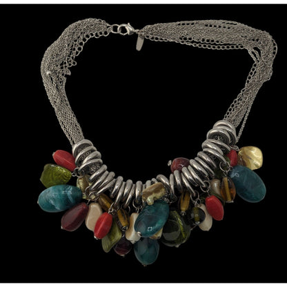 Boho NY & Co Chunky Multicolor Beaded Fringe Statement Necklace Silver Tone Layered Chain